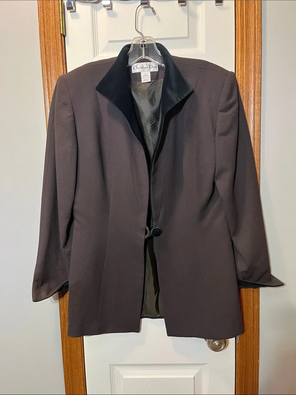 Vintage Christian Dior Brown Worsted Wool Blazer w/ Black Velvet Trim size 10